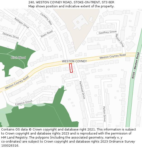 240, WESTON COYNEY ROAD, STOKE-ON-TRENT, ST3 6ER: Location map and indicative extent of plot