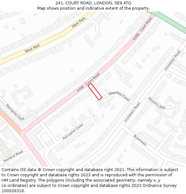 241, COURT ROAD, LONDON, SE9 4TQ: Location map and indicative extent of plot