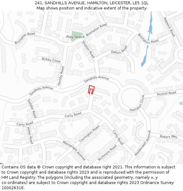 241, SANDHILLS AVENUE, HAMILTON, LEICESTER, LE5 1QL: Location map and indicative extent of plot