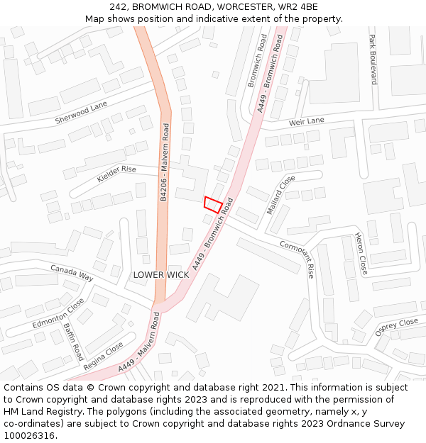 242, BROMWICH ROAD, WORCESTER, WR2 4BE: Location map and indicative extent of plot