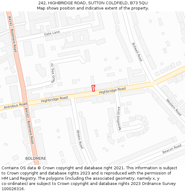 242, HIGHBRIDGE ROAD, SUTTON COLDFIELD, B73 5QU: Location map and indicative extent of plot