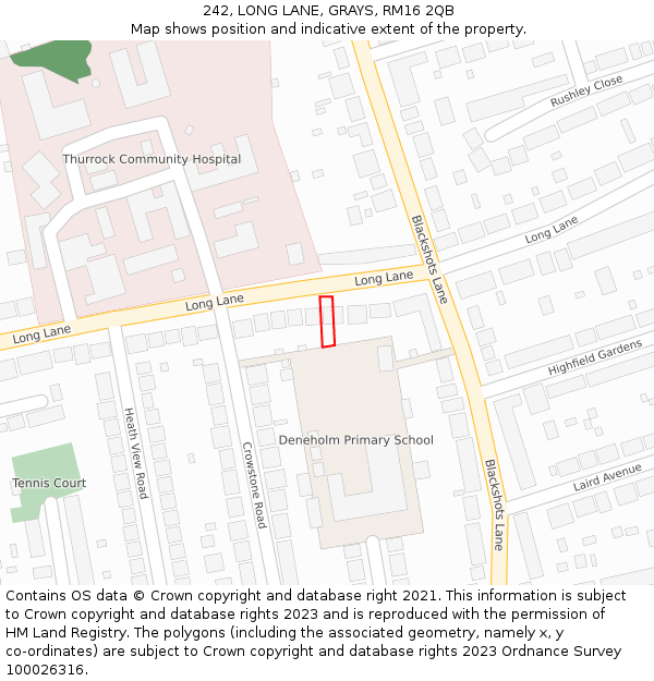 242, LONG LANE, GRAYS, RM16 2QB: Location map and indicative extent of plot