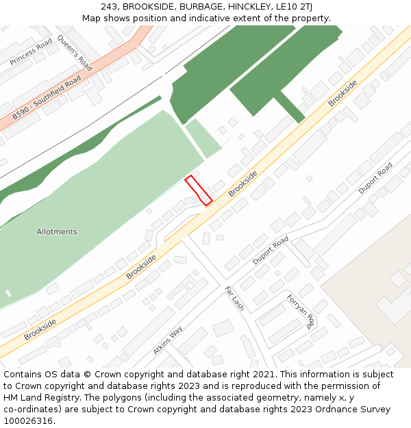 243, BROOKSIDE, BURBAGE, HINCKLEY, LE10 2TJ: Location map and indicative extent of plot