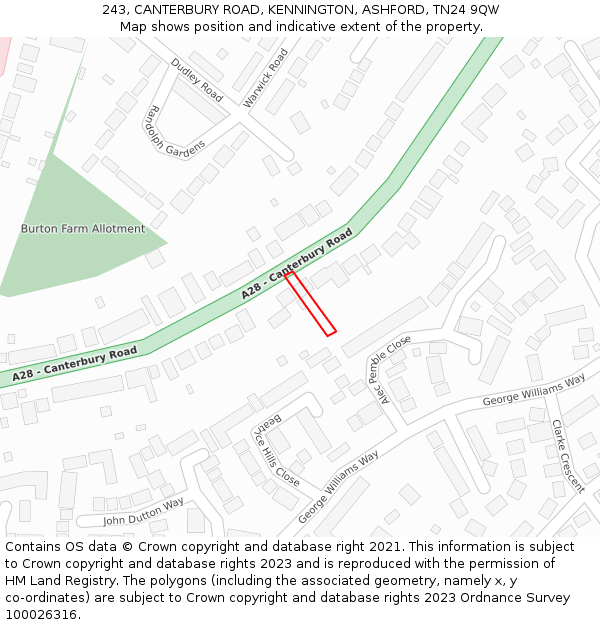 243, CANTERBURY ROAD, KENNINGTON, ASHFORD, TN24 9QW: Location map and indicative extent of plot