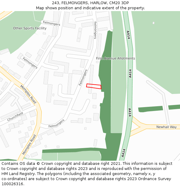 243, FELMONGERS, HARLOW, CM20 3DP: Location map and indicative extent of plot