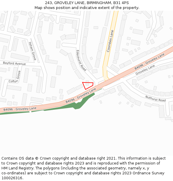 243, GROVELEY LANE, BIRMINGHAM, B31 4PS: Location map and indicative extent of plot