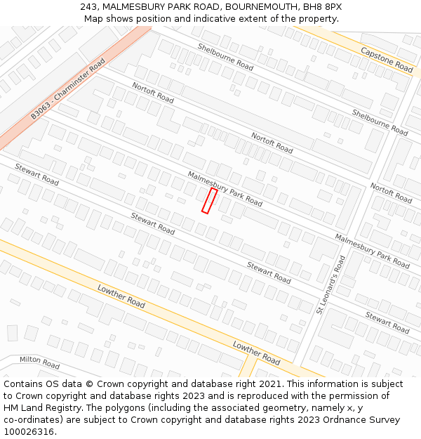 243, MALMESBURY PARK ROAD, BOURNEMOUTH, BH8 8PX: Location map and indicative extent of plot