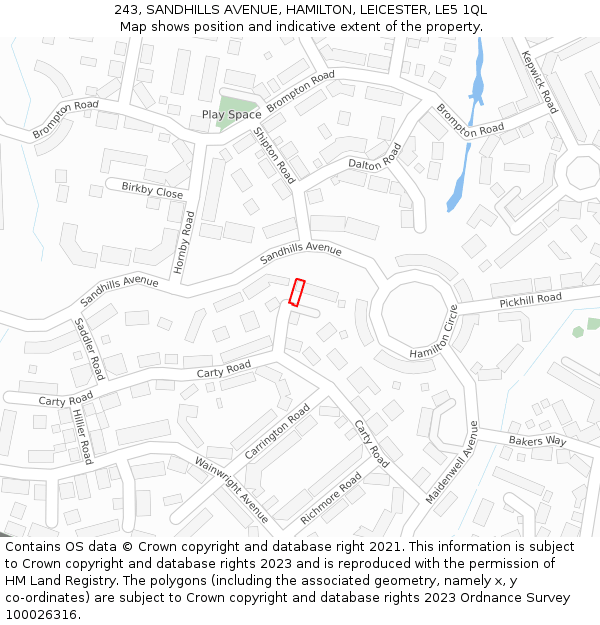 243, SANDHILLS AVENUE, HAMILTON, LEICESTER, LE5 1QL: Location map and indicative extent of plot