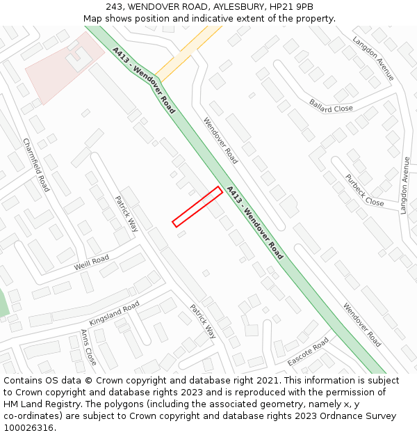 243, WENDOVER ROAD, AYLESBURY, HP21 9PB: Location map and indicative extent of plot