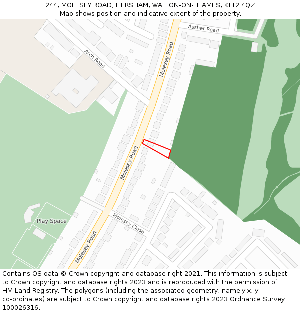 244, MOLESEY ROAD, HERSHAM, WALTON-ON-THAMES, KT12 4QZ: Location map and indicative extent of plot