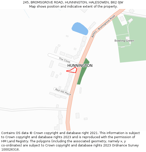 245, BROMSGROVE ROAD, HUNNINGTON, HALESOWEN, B62 0JW: Location map and indicative extent of plot