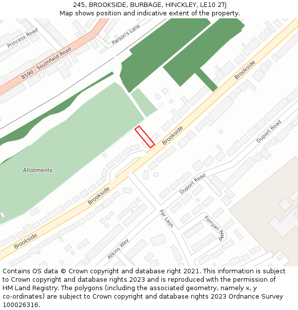 245, BROOKSIDE, BURBAGE, HINCKLEY, LE10 2TJ: Location map and indicative extent of plot