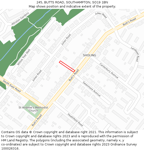 245, BUTTS ROAD, SOUTHAMPTON, SO19 1BN: Location map and indicative extent of plot