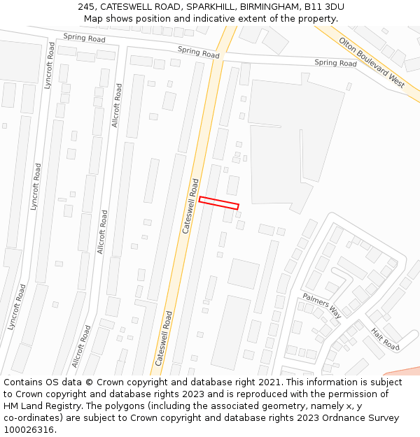 245, CATESWELL ROAD, SPARKHILL, BIRMINGHAM, B11 3DU: Location map and indicative extent of plot