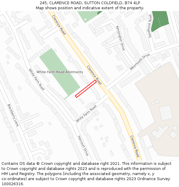 245, CLARENCE ROAD, SUTTON COLDFIELD, B74 4LP: Location map and indicative extent of plot