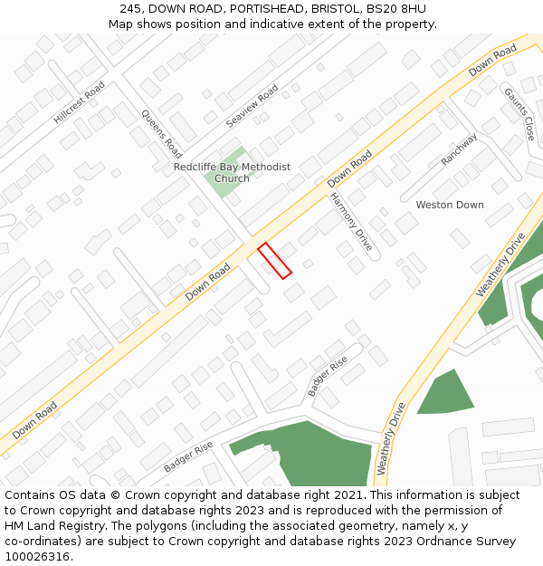 245, DOWN ROAD, PORTISHEAD, BRISTOL, BS20 8HU: Location map and indicative extent of plot