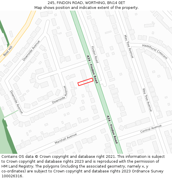 245, FINDON ROAD, WORTHING, BN14 0ET: Location map and indicative extent of plot