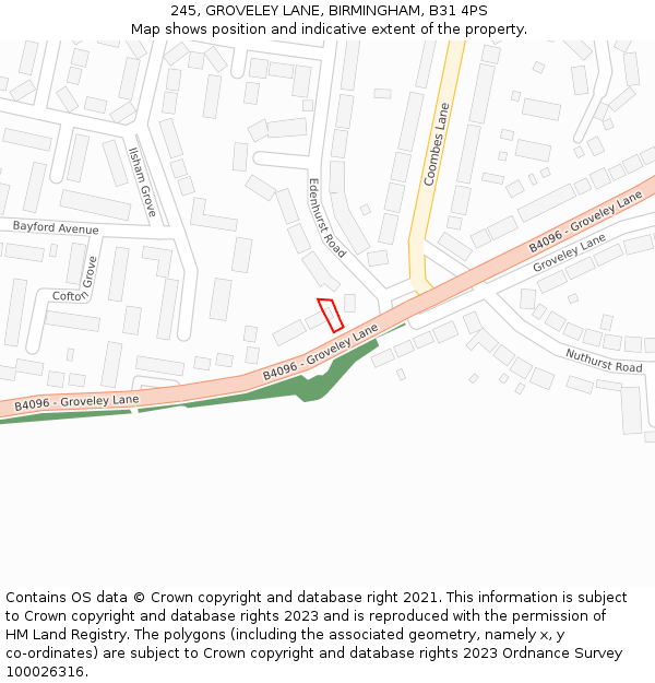 245, GROVELEY LANE, BIRMINGHAM, B31 4PS: Location map and indicative extent of plot