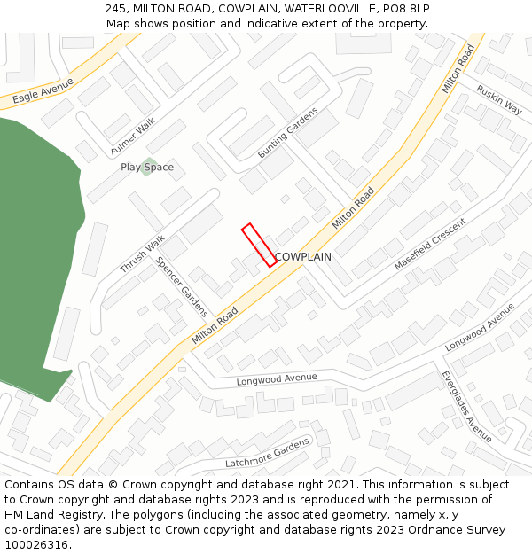 245, MILTON ROAD, COWPLAIN, WATERLOOVILLE, PO8 8LP: Location map and indicative extent of plot