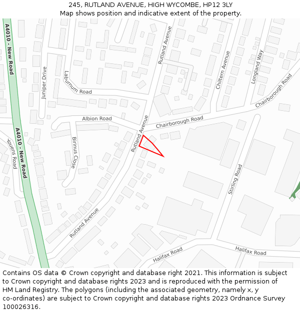 245, RUTLAND AVENUE, HIGH WYCOMBE, HP12 3LY: Location map and indicative extent of plot