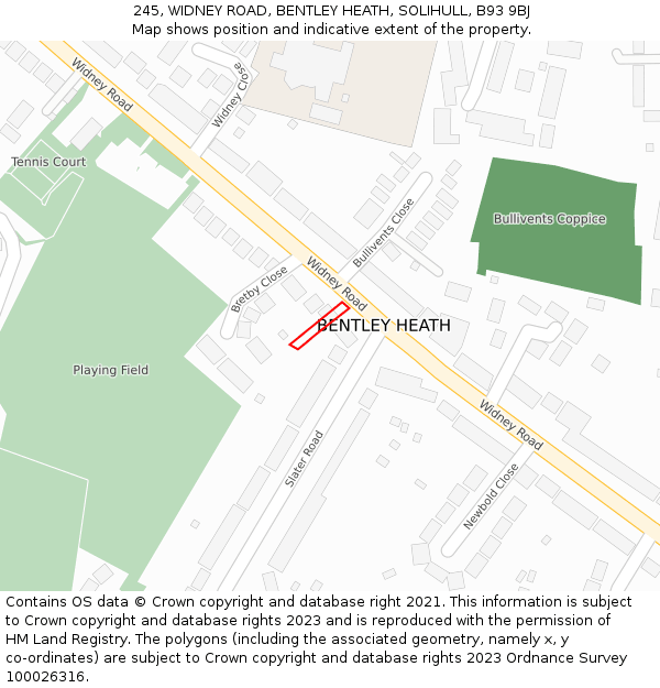 245, WIDNEY ROAD, BENTLEY HEATH, SOLIHULL, B93 9BJ: Location map and indicative extent of plot