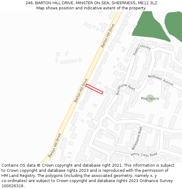 246, BARTON HILL DRIVE, MINSTER ON SEA, SHEERNESS, ME12 3LZ: Location map and indicative extent of plot