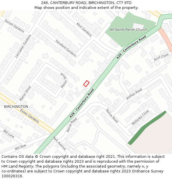 246, CANTERBURY ROAD, BIRCHINGTON, CT7 9TD: Location map and indicative extent of plot