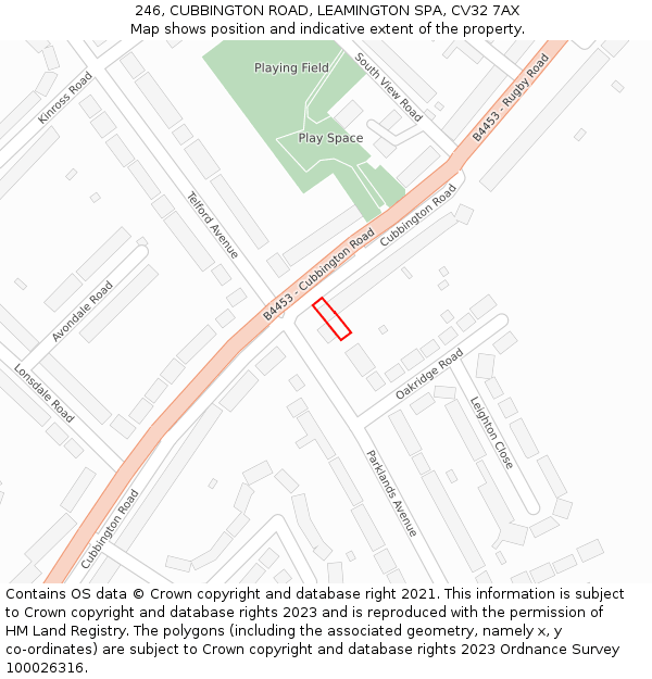 246, CUBBINGTON ROAD, LEAMINGTON SPA, CV32 7AX: Location map and indicative extent of plot