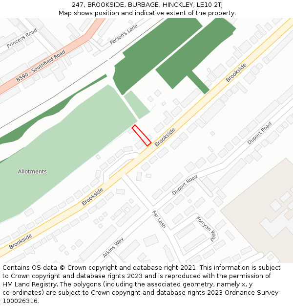 247, BROOKSIDE, BURBAGE, HINCKLEY, LE10 2TJ: Location map and indicative extent of plot