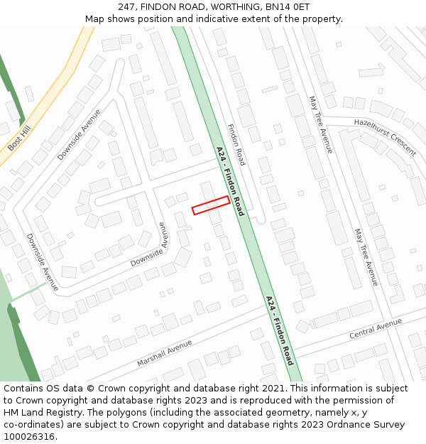 247, FINDON ROAD, WORTHING, BN14 0ET: Location map and indicative extent of plot