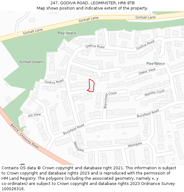 247, GODIVA ROAD, LEOMINSTER, HR6 8TB: Location map and indicative extent of plot