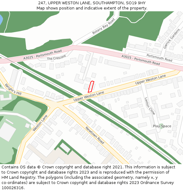 247, UPPER WESTON LANE, SOUTHAMPTON, SO19 9HY: Location map and indicative extent of plot