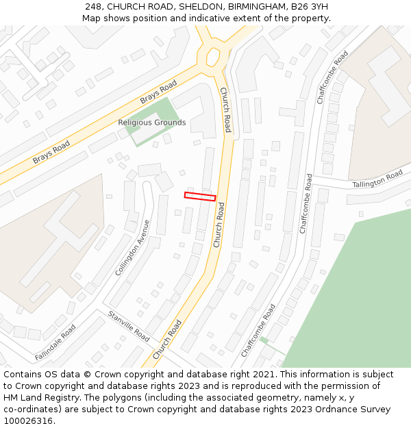 248, CHURCH ROAD, SHELDON, BIRMINGHAM, B26 3YH: Location map and indicative extent of plot