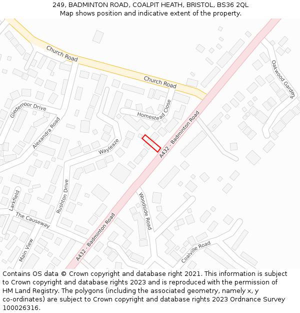 249, BADMINTON ROAD, COALPIT HEATH, BRISTOL, BS36 2QL: Location map and indicative extent of plot