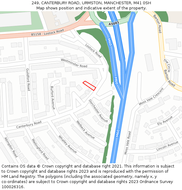 249, CANTERBURY ROAD, URMSTON, MANCHESTER, M41 0SH: Location map and indicative extent of plot