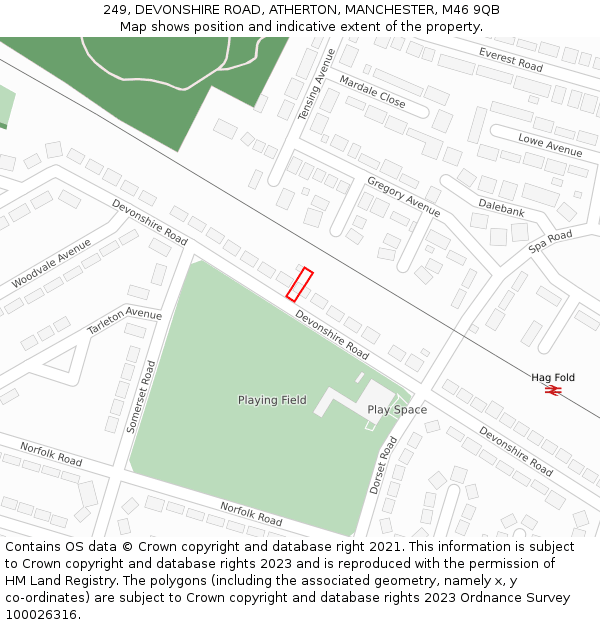 249, DEVONSHIRE ROAD, ATHERTON, MANCHESTER, M46 9QB: Location map and indicative extent of plot