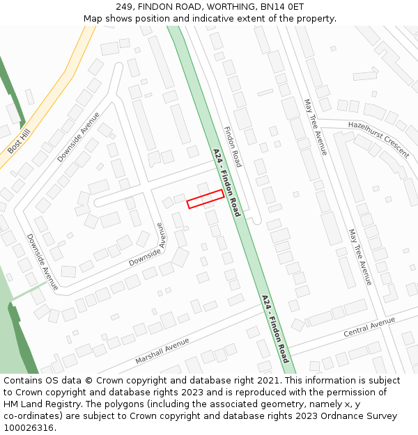 249, FINDON ROAD, WORTHING, BN14 0ET: Location map and indicative extent of plot