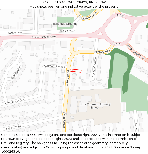 249, RECTORY ROAD, GRAYS, RM17 5SW: Location map and indicative extent of plot
