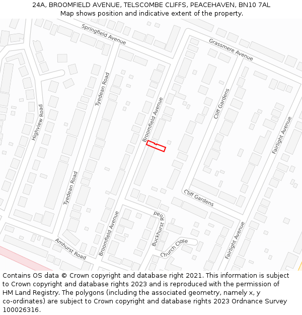 24A, BROOMFIELD AVENUE, TELSCOMBE CLIFFS, PEACEHAVEN, BN10 7AL: Location map and indicative extent of plot