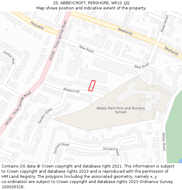 25, ABBEYCROFT, PERSHORE, WR10 1JQ: Location map and indicative extent of plot