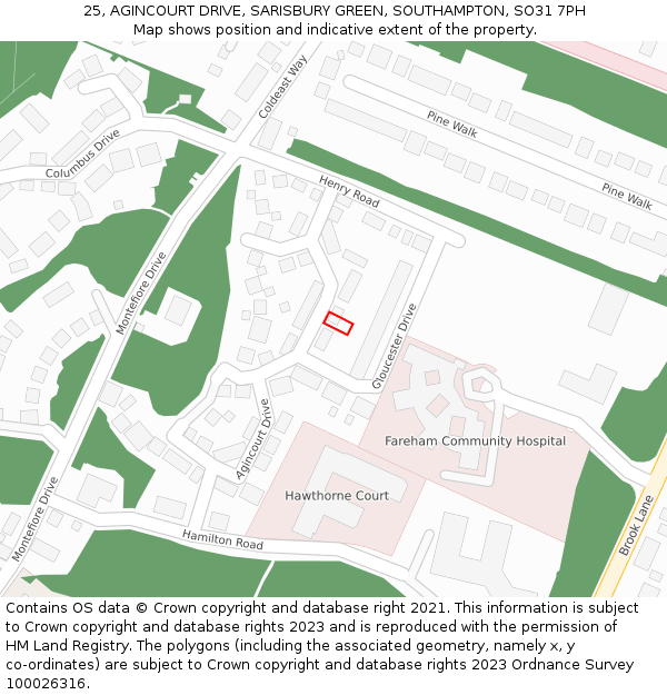 25, AGINCOURT DRIVE, SARISBURY GREEN, SOUTHAMPTON, SO31 7PH: Location map and indicative extent of plot