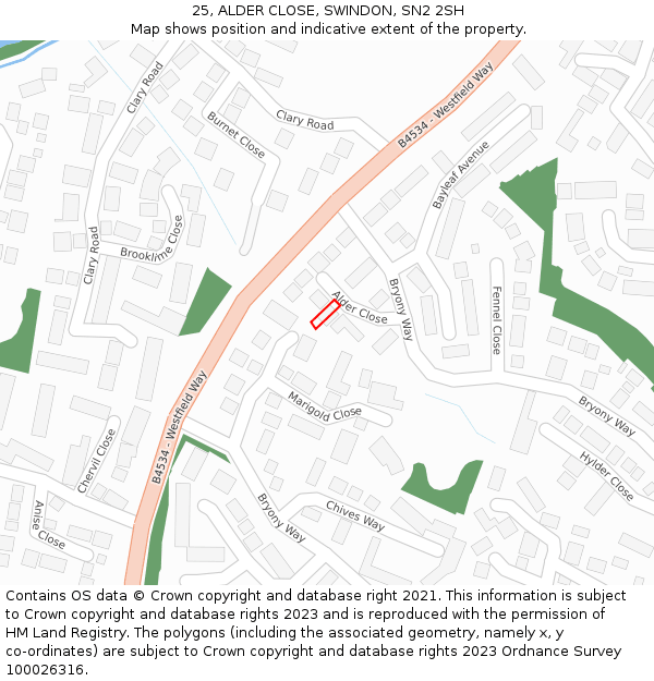 25, ALDER CLOSE, SWINDON, SN2 2SH: Location map and indicative extent of plot