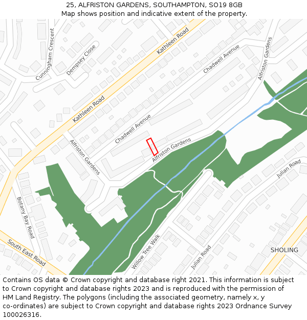 25, ALFRISTON GARDENS, SOUTHAMPTON, SO19 8GB: Location map and indicative extent of plot