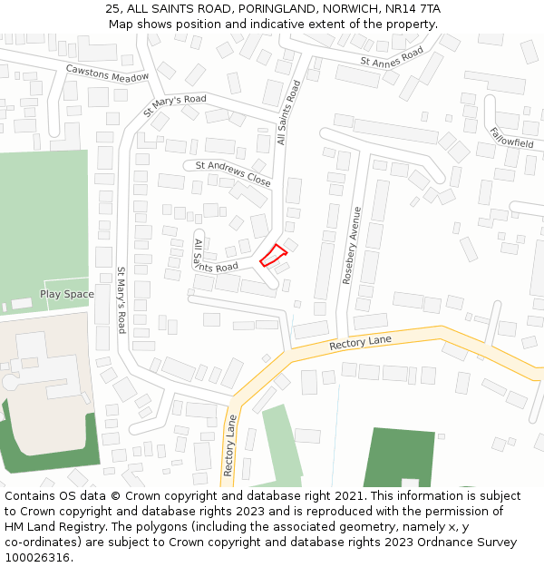 25, ALL SAINTS ROAD, PORINGLAND, NORWICH, NR14 7TA: Location map and indicative extent of plot