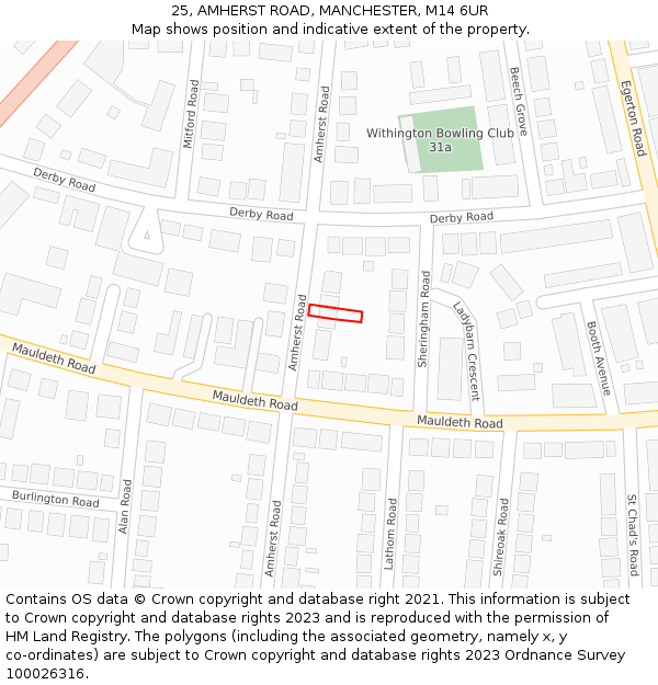 25, AMHERST ROAD, MANCHESTER, M14 6UR: Location map and indicative extent of plot