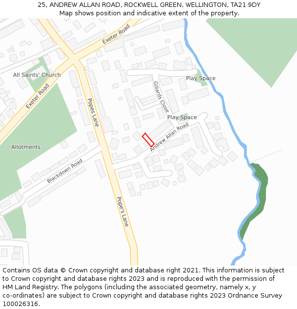 25, ANDREW ALLAN ROAD, ROCKWELL GREEN, WELLINGTON, TA21 9DY: Location map and indicative extent of plot