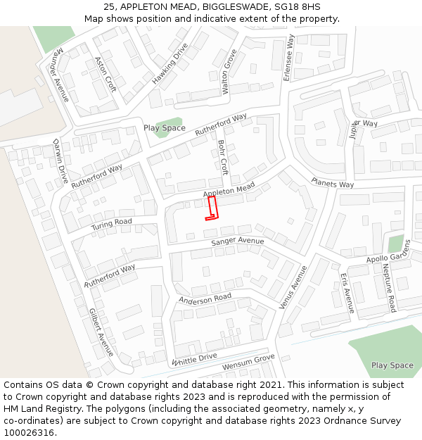 25, APPLETON MEAD, BIGGLESWADE, SG18 8HS: Location map and indicative extent of plot
