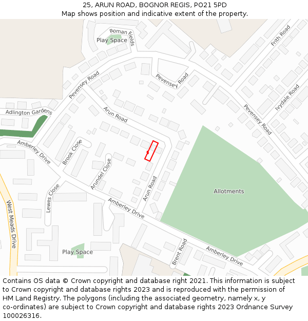 25, ARUN ROAD, BOGNOR REGIS, PO21 5PD: Location map and indicative extent of plot