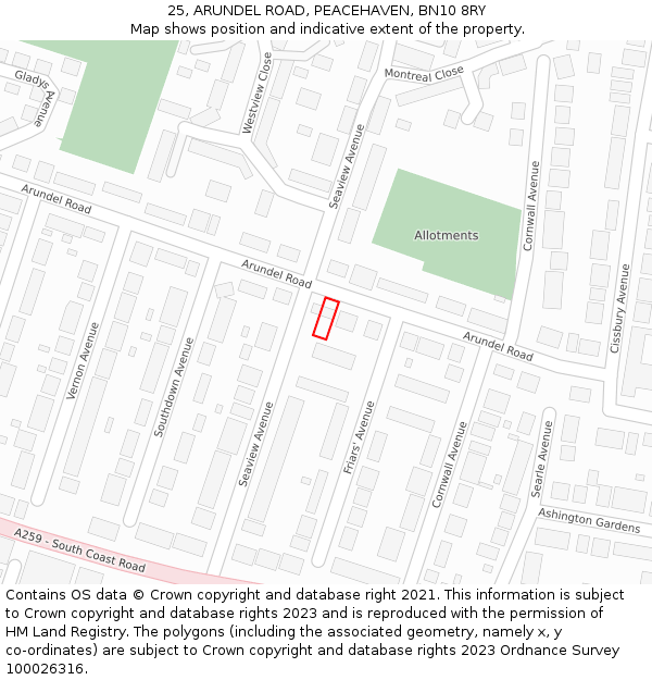 25, ARUNDEL ROAD, PEACEHAVEN, BN10 8RY: Location map and indicative extent of plot