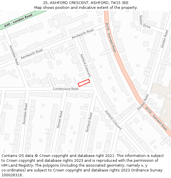 25, ASHFORD CRESCENT, ASHFORD, TW15 3EE: Location map and indicative extent of plot